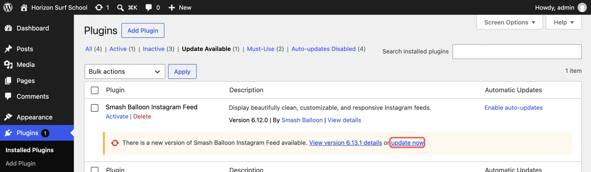 WordPress Plugins screen showing an available update for Smash Balloon Instagram Feed, with the update now link highlighted