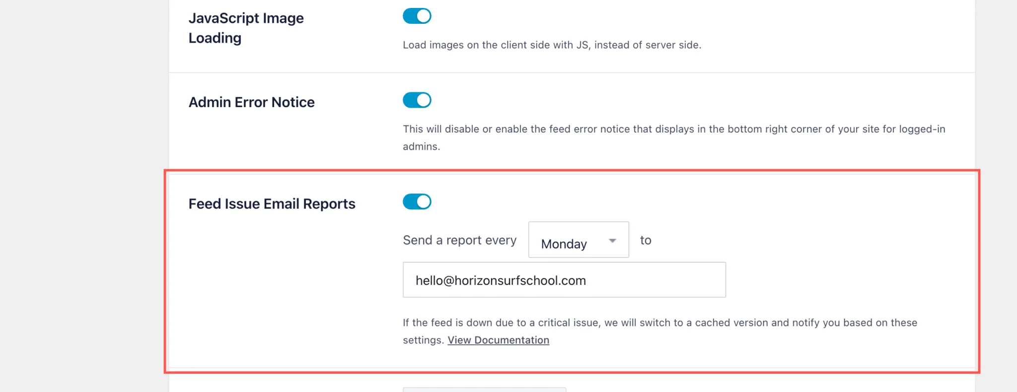 Instagram Feed Advanced settings tab with the Feed Issue Email Reports box highlighted