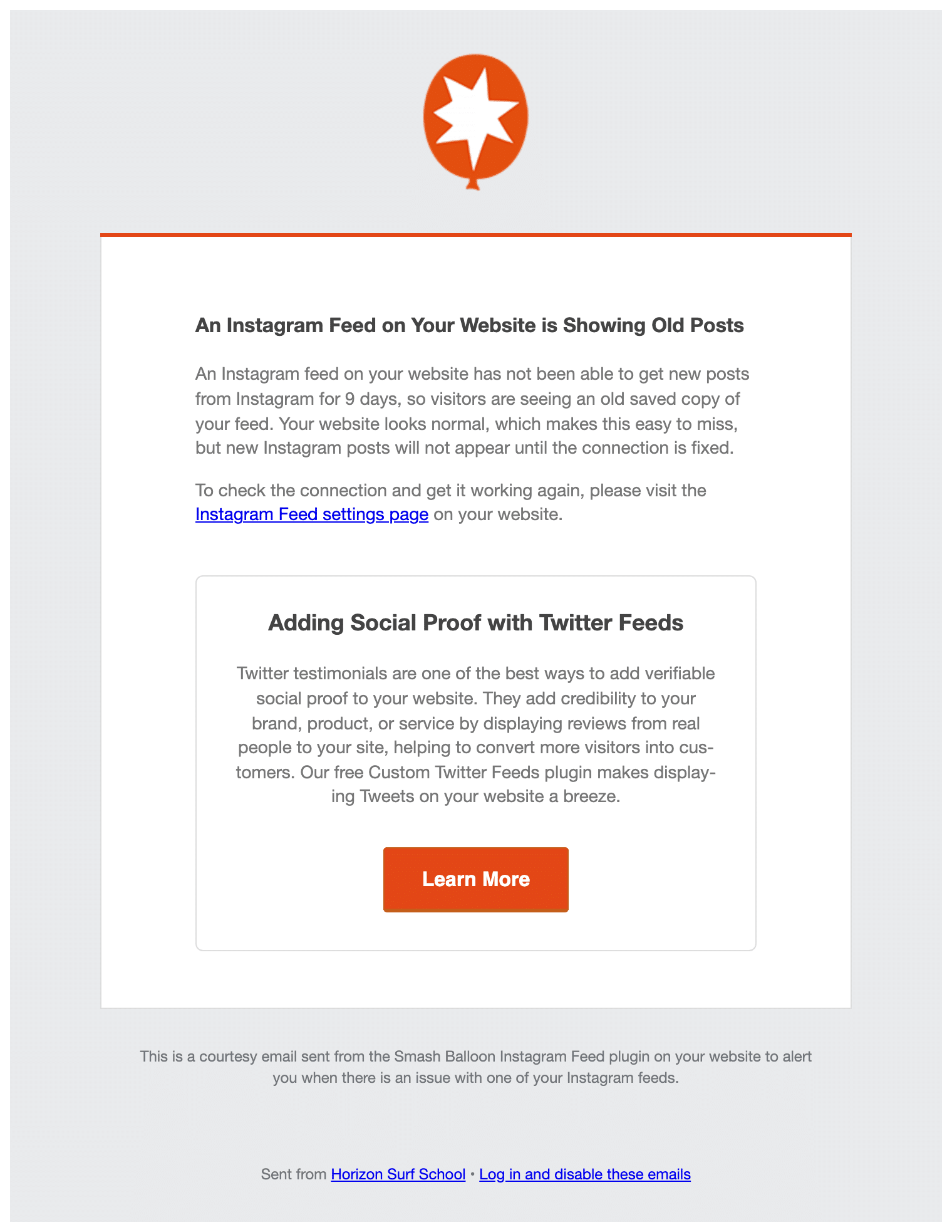 Instagram Feed email report headed: An Instagram Feed on Your Website is Showing Old Posts