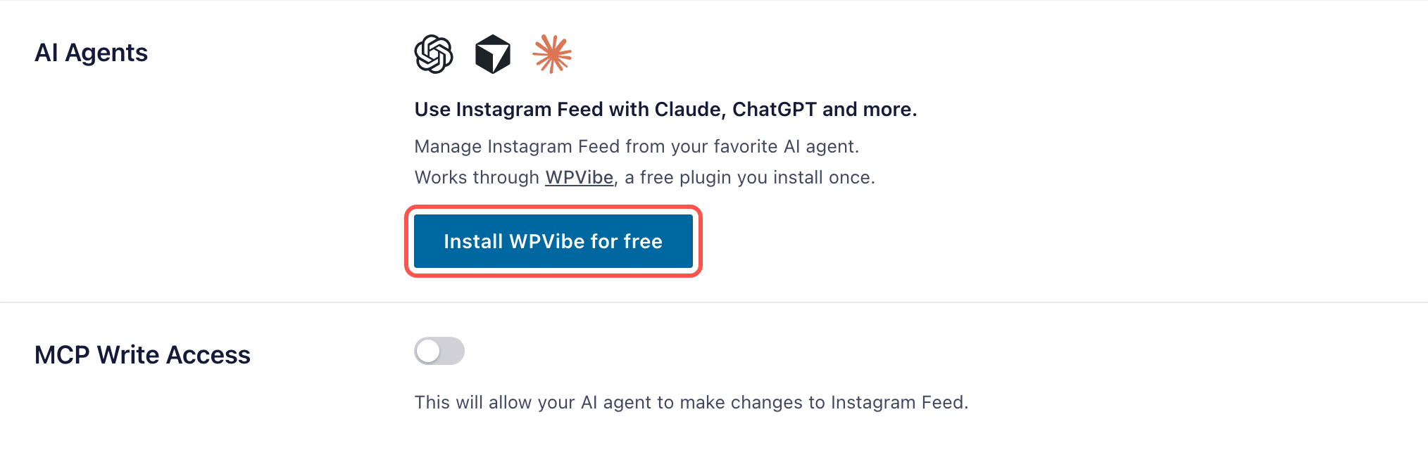 AI Agents box in Instagram Feed Settings with ChatGPT, Cursor, and Claude icons and the Install WPVibe for free button highlighted