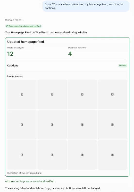 ChatGPT chat using WPVibe: the request to show 12 posts in four columns on the homepage feed and hide captions, and the reply confirming the Homepage Feed was updated and verified