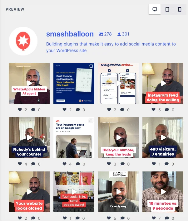 Instagram Feed Pro feed editor preview of the smashballoon Homepage Feed after the ChatGPT change, showing 12 posts in four columns with captions hidden