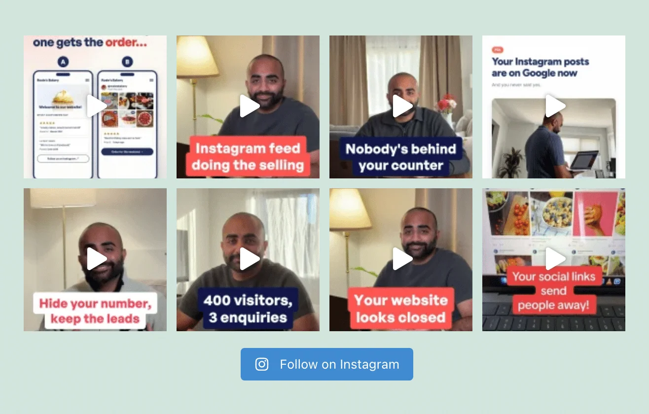 Instagram feed on a WordPress page showing eight Smash Balloon video posts, seven of them Reels, in a four-column grid with play icons and a Follow on Instagram button