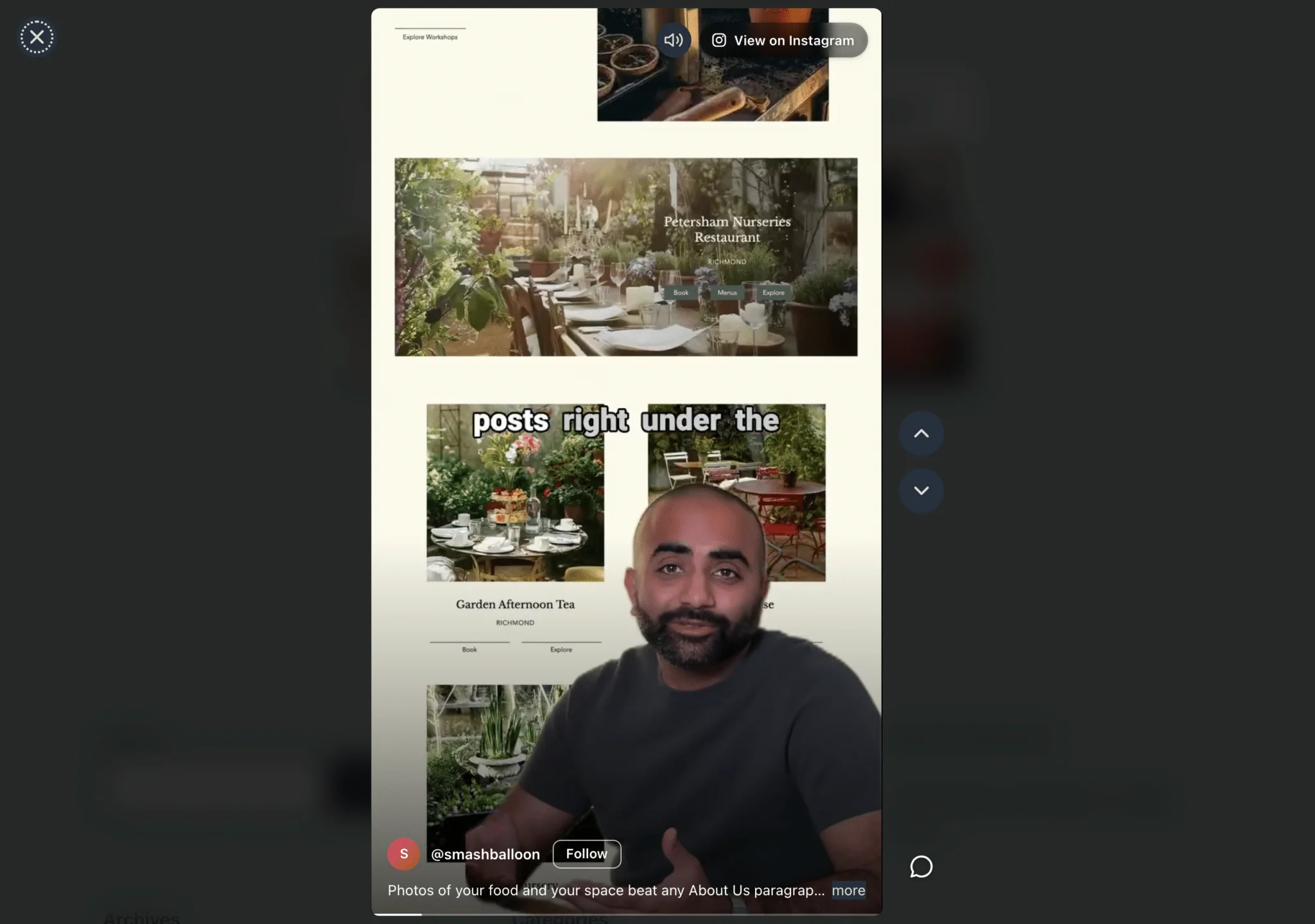 A Smash Balloon Instagram Reel open full-screen on a desktop browser in Swipe View, with up and down arrows to move between Reels