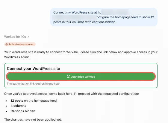 ChatGPT reply saying Authorization required, with the Connect your WordPress site box and the Authorize WPVibe button highlighted