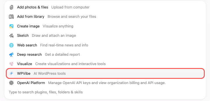ChatGPT + menu in the message box with the WPVibe AI WordPress tools option highlighted