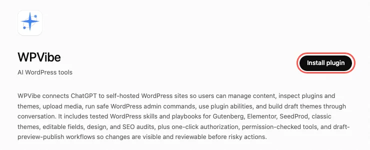 WPVibe app page in ChatGPT, by SeedProd, with the Install plugin button highlighted