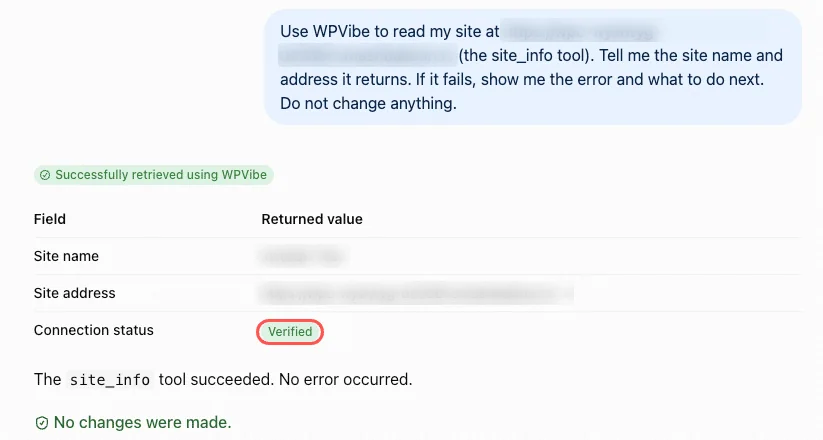 ChatGPT reply showing the site name, site address, and a Verified connection status returned through WPVibe, with site details blurred and Verified highlighted