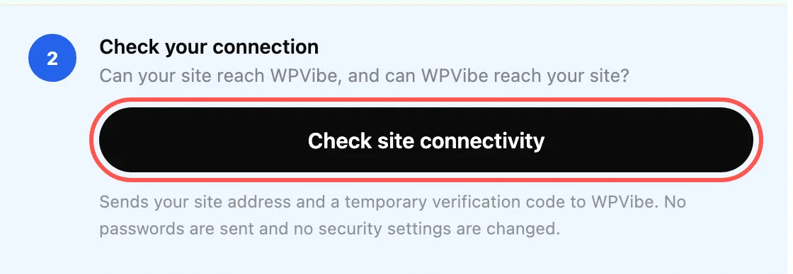 WPVibe setup checklist step 2, Check your connection, with the Check site connectivity button highlighted