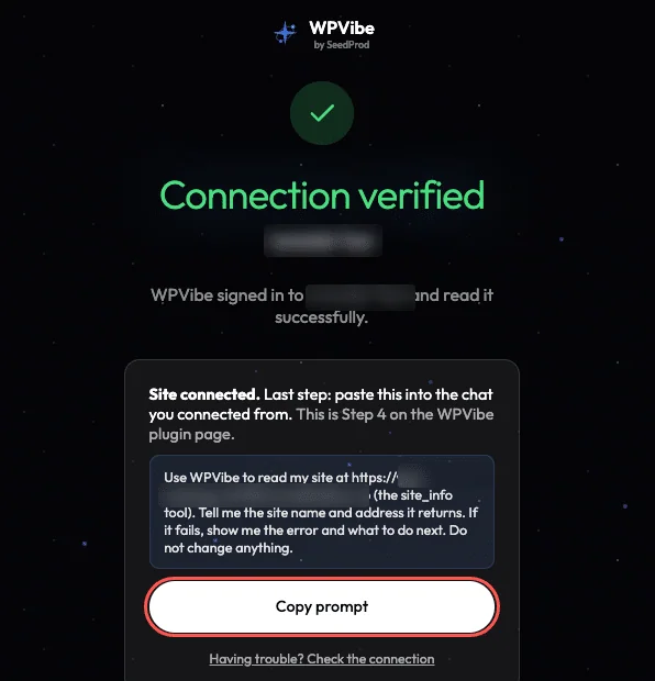 WPVibe Connection verified screen with a prompt to paste into ChatGPT and the Copy prompt button highlighted, site details blurred