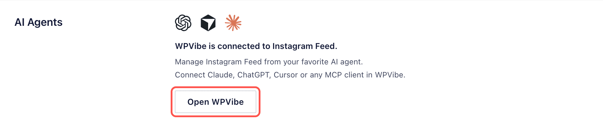 AI Agents box showing WPVibe is connected to Instagram Feed, with the Open WPVibe button highlighted