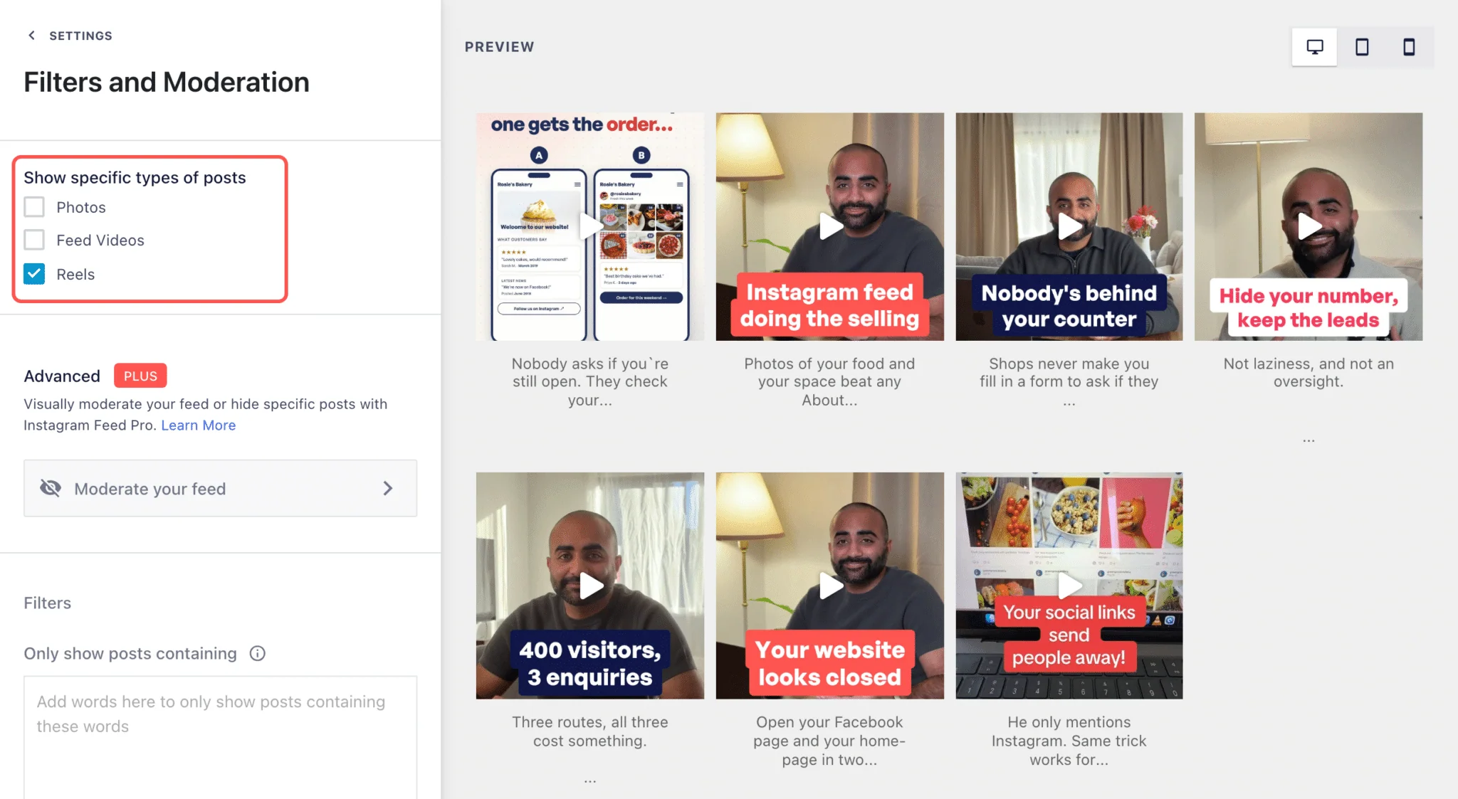 Instagram Feed Pro feed editor on the Filters and Moderation screen, with only Reels ticked under Show specific types of posts and the preview showing only Reels
