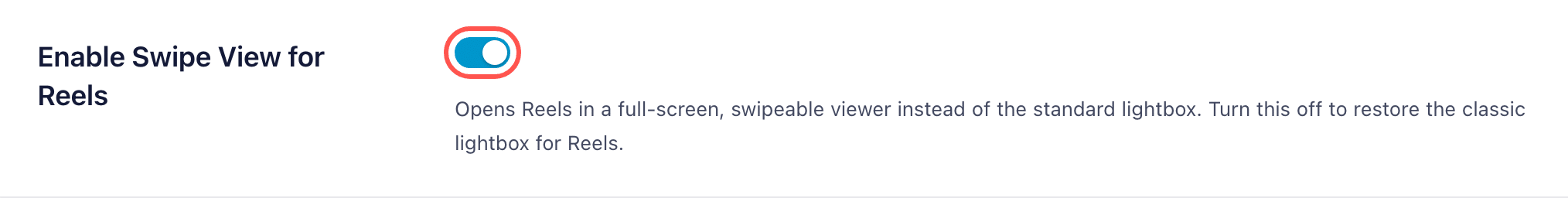 Instagram Feed Settings Advanced tab with the Enable Swipe View for Reels toggle switched on and highlighted