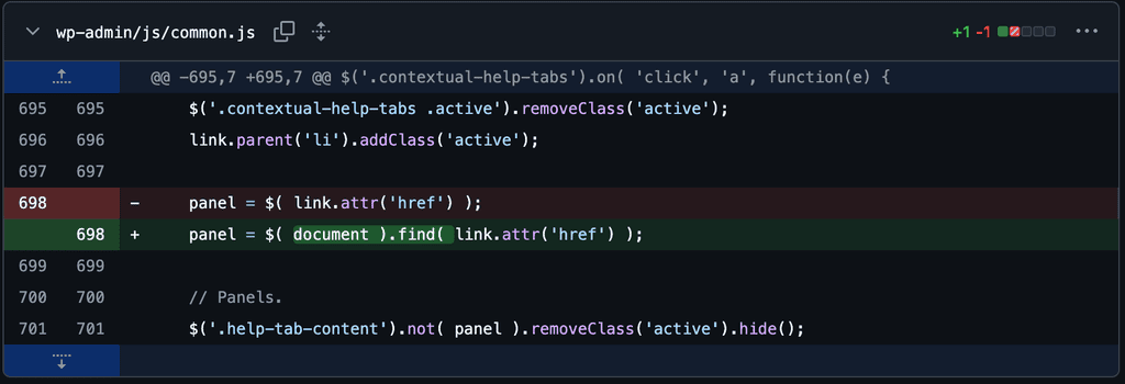 A screenshot of the diff for wp-admin/js/common.js from GitHub.