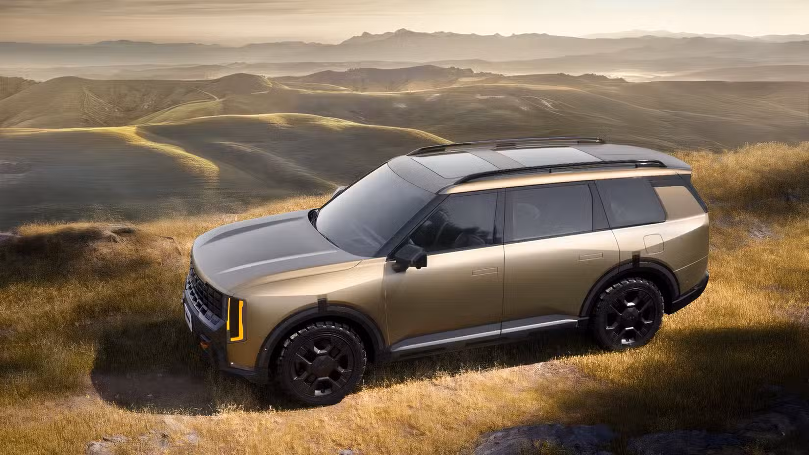 Front 3/4 shot of 2027 Kia Telluride Hybrid parked off-road