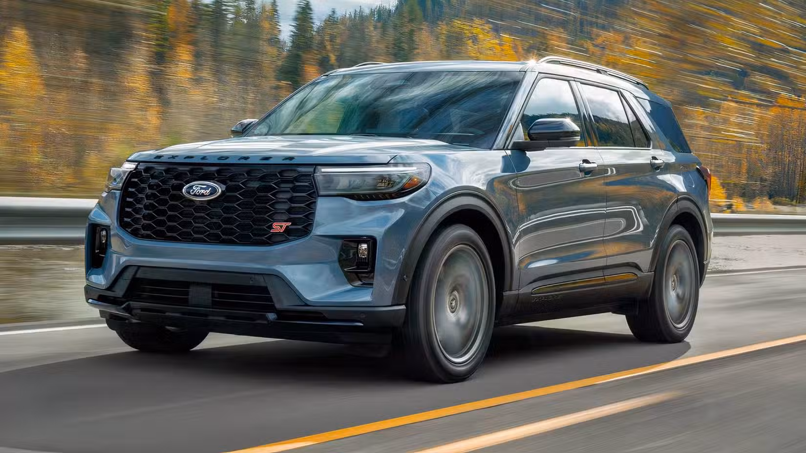 2026 Ford Explorer ST in blue front 3/4 action