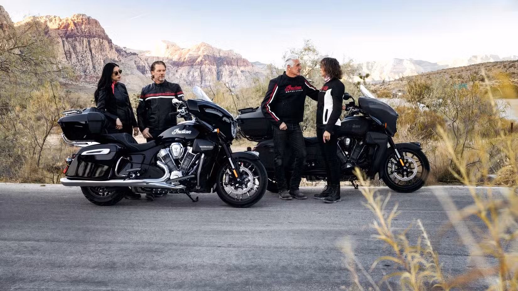 A side profile shot of the Indian Roadmaster PowerPlus and Pursuit PowerPlus in the desert