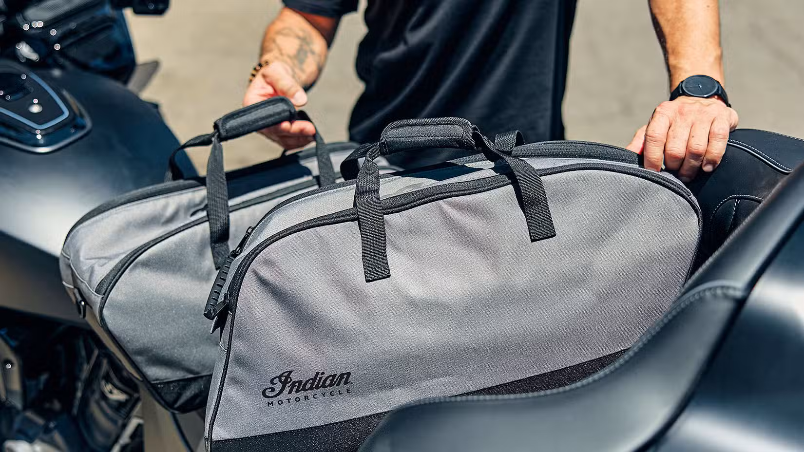 Gray Indian Motorcycle saddlebag liners sitting on an Indian motorcycle
