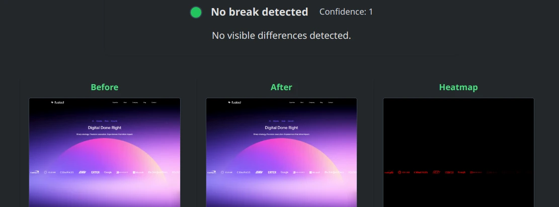 An example VRT result shows before and after screenshots, and a heat map where changes occurred. 