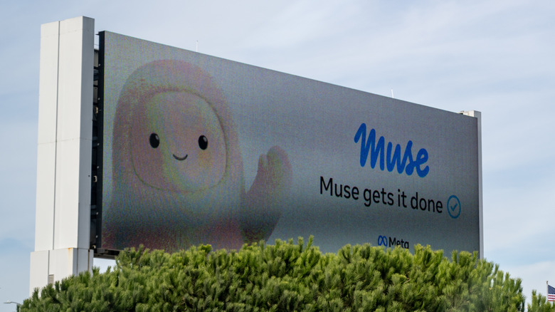 A billboard showing Meta's Muse mascot that says "Muse gets it done."