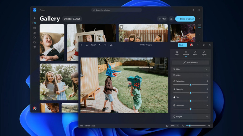 Overlapping Photos windows on Windows 11: Gallery displays a grid of photos behind the Editor, which shows a photo of a birthday party with controls for light, color and sharpness.