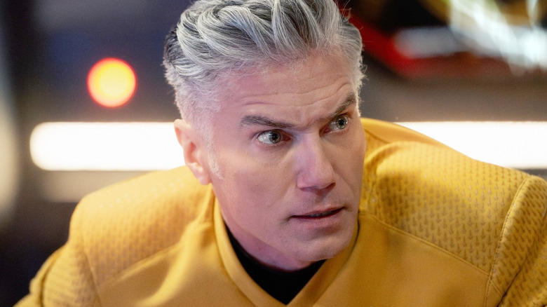 Captain Pike looking panicked on Star Trek: Strange New Worlds