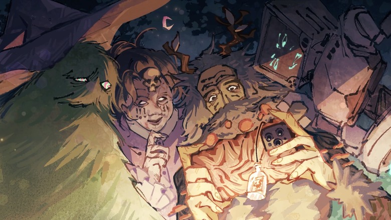 The Scrybes of Inscryption (Magnificus, Grimora, Leshy and P03) are pictured in an illustration with Leshy holding a smartphone.