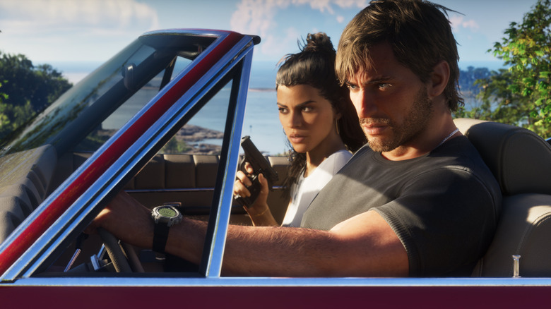 The protagonists of Grand Theft Auto VI driving in a convertible.