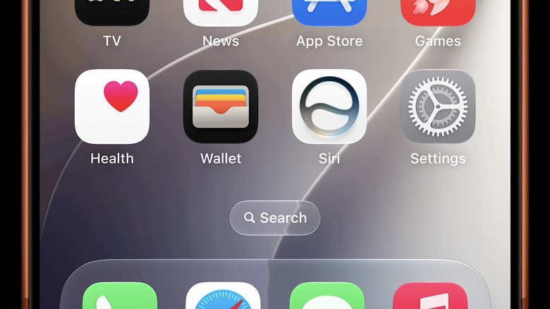 Close-up photo of an iPhone home screen displaying a row of apps: Health, Wallet, Siri and Settings.