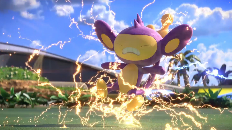 Still from Pokémon Unite: A Pokémon creature getting electrocuted.