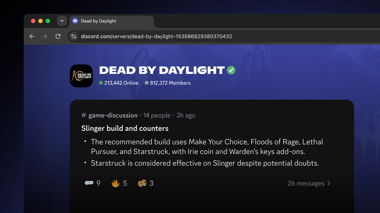 Screenshot of the Dead by Daylight Discord community's server web page displaying a summary from the 'game discussion' channel.