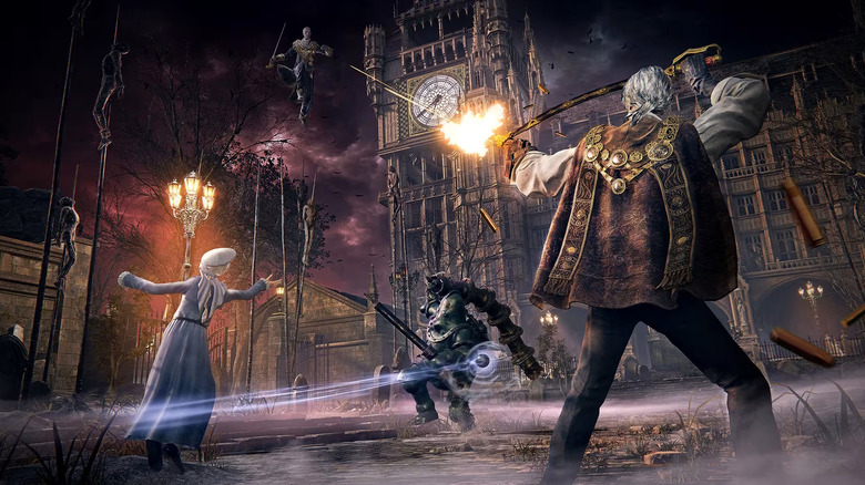 A battle in front of a Victorian clock tower involving a monstrous creature and a figure flying in the air.