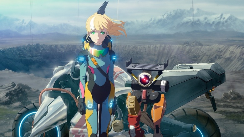 Image from an animated series that features a young girl and a robot in front of a motorcycle with a large crater in the background.