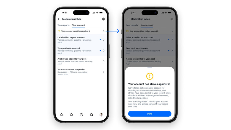 A screenshot of the moderation inbox showing actions and an account strike popup.