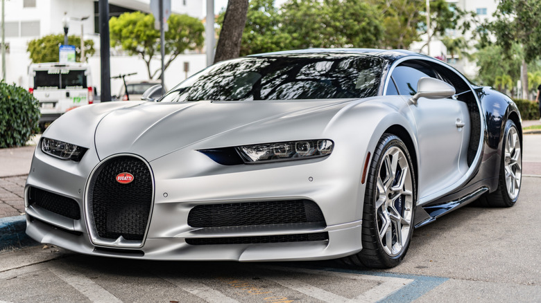 A matte silver and blue Bugatti Chiron in the U.S.