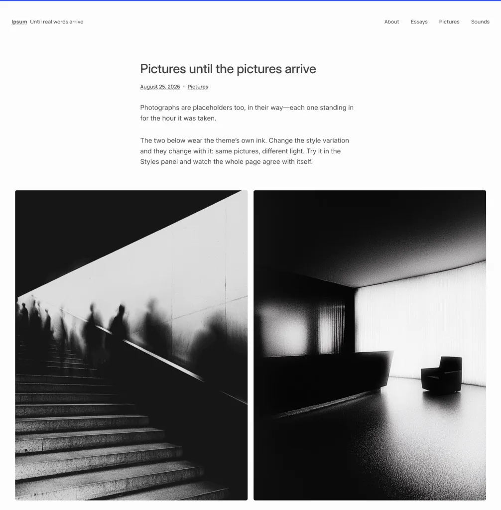 Screenshot of the Ipsum WordPress theme single post demo, including a Gallery block demo.
