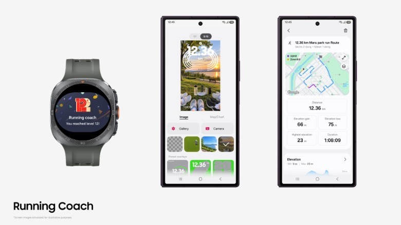 Samsung Health's Running Coach feature is shown on a Galaxy Watch and Samsung smartphone