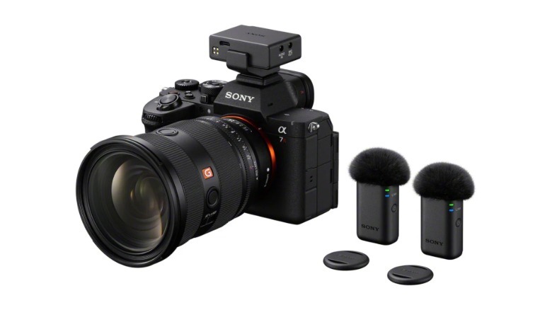 The ECM-W5 attached to a Sony camera with accessories on the side.