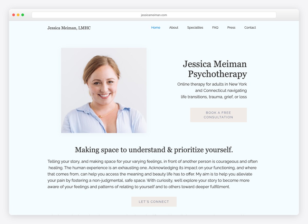 Jessica Meiman therapist website homepage