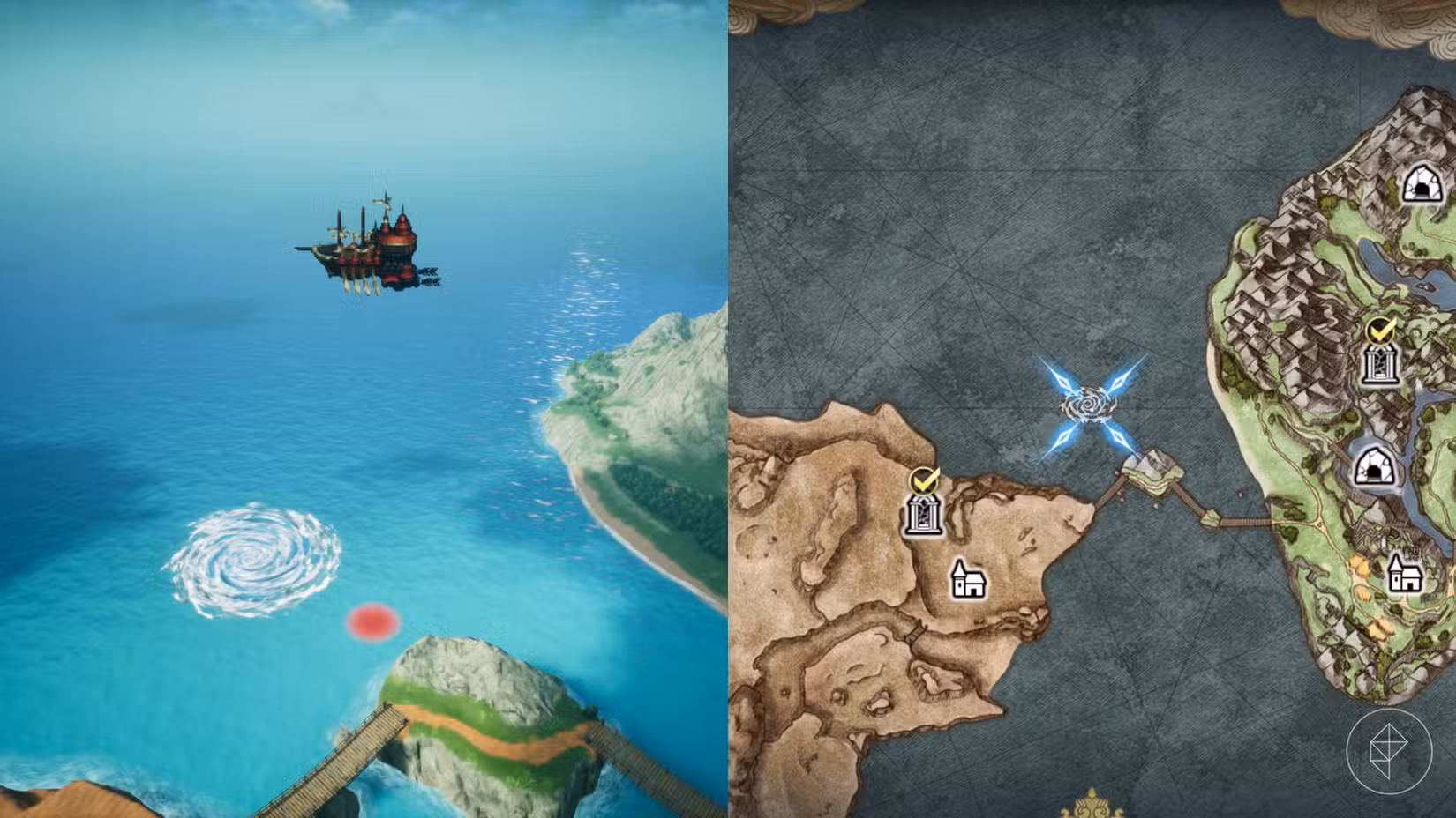 An airship approaches a whirlpool in the ocean in Final Fantasy Resonance