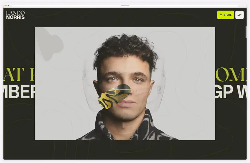 Lando Norris website animation: portrait wipes, pixel dissolve and a neon signature on scroll