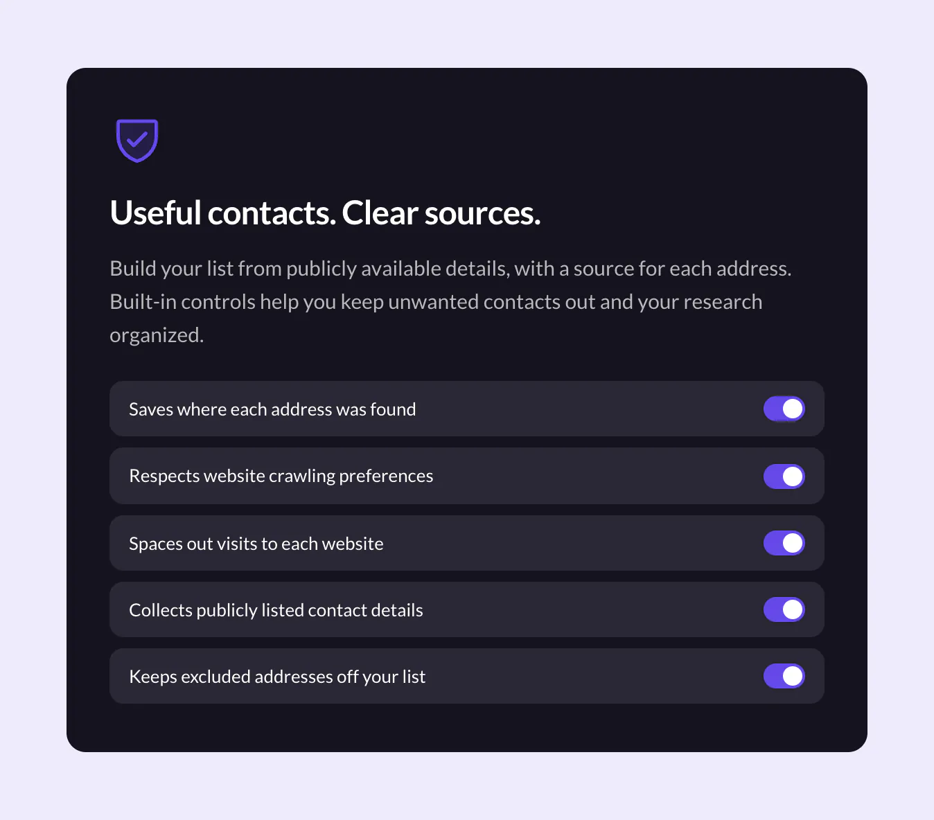 Superb Lead Finder settings that save where each email address was found, respect crawling preferences, and keep excluded addresses off the list.