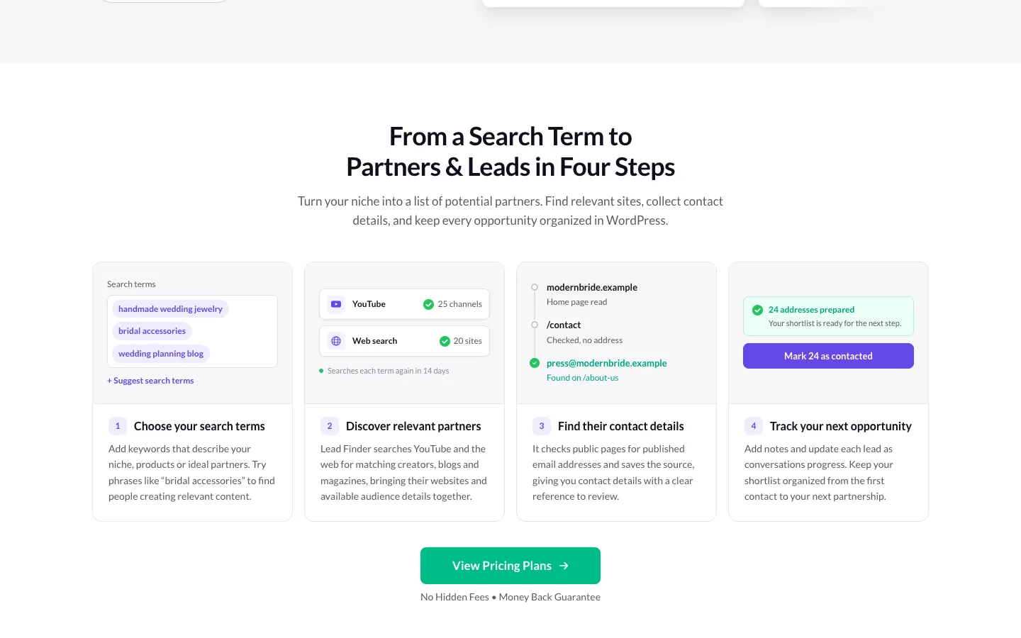 Superb Lead Finder's four steps: choose search terms, discover partners, find contact details, track leads