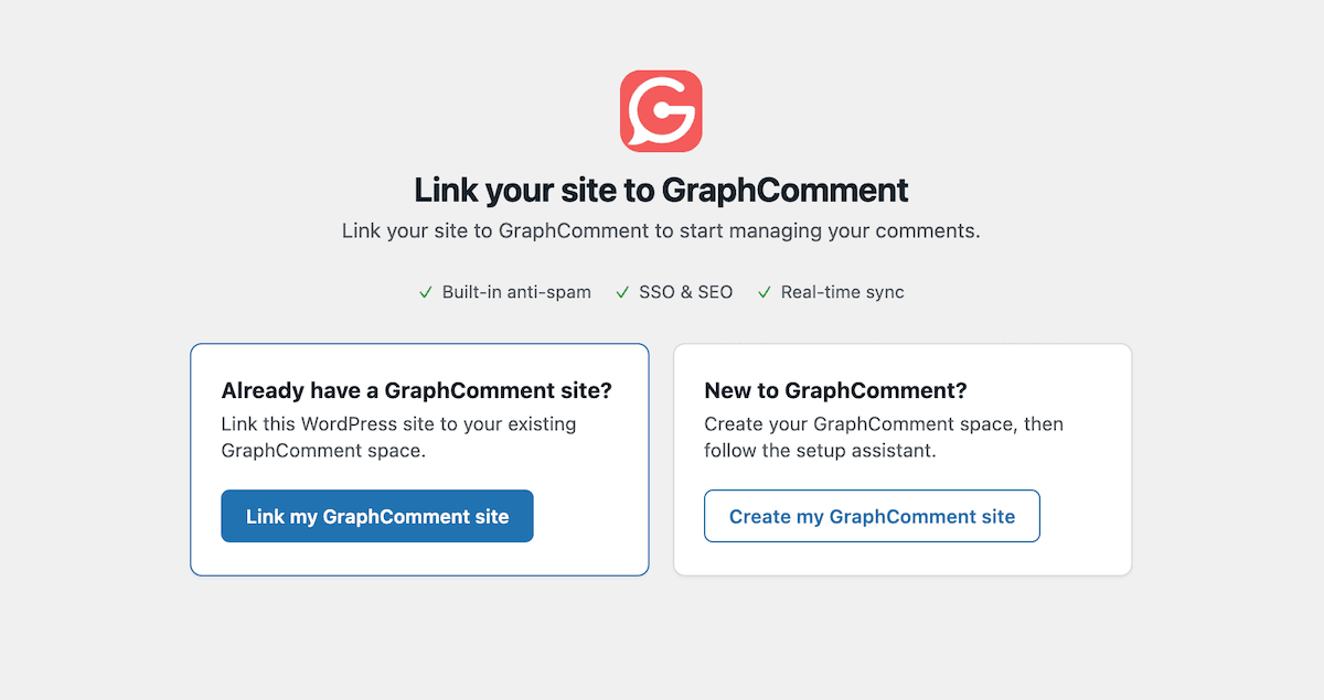 The GraphComment setup screen showing options to link an existing site or open a new account.