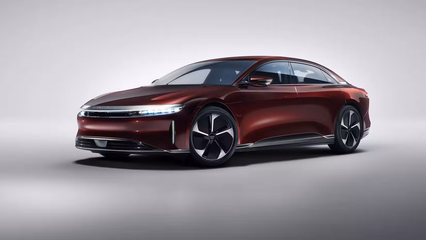 Lucid Air Pure front end shot parked in studio