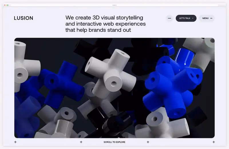 Lusion website animation: 3D blue, white and black connector shapes tumbling in a panel