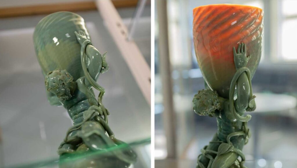 a contemporary glass sculpture paying homage to its intricate ancient twin using glass made in the Sheffield melting shop