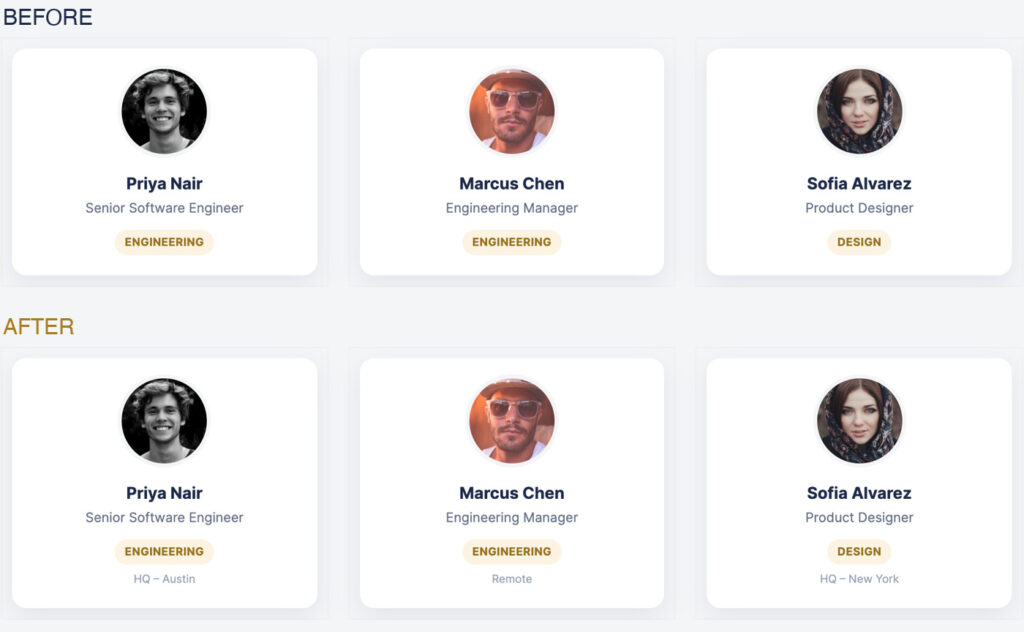 Team member profile cards comparison showing added location information: Austin, Remote, and New York.