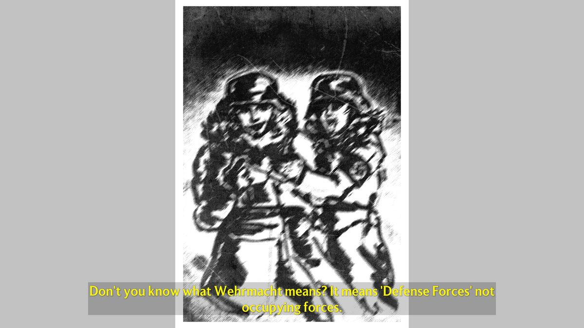black and white drawing of two Nazi soldiers with text 