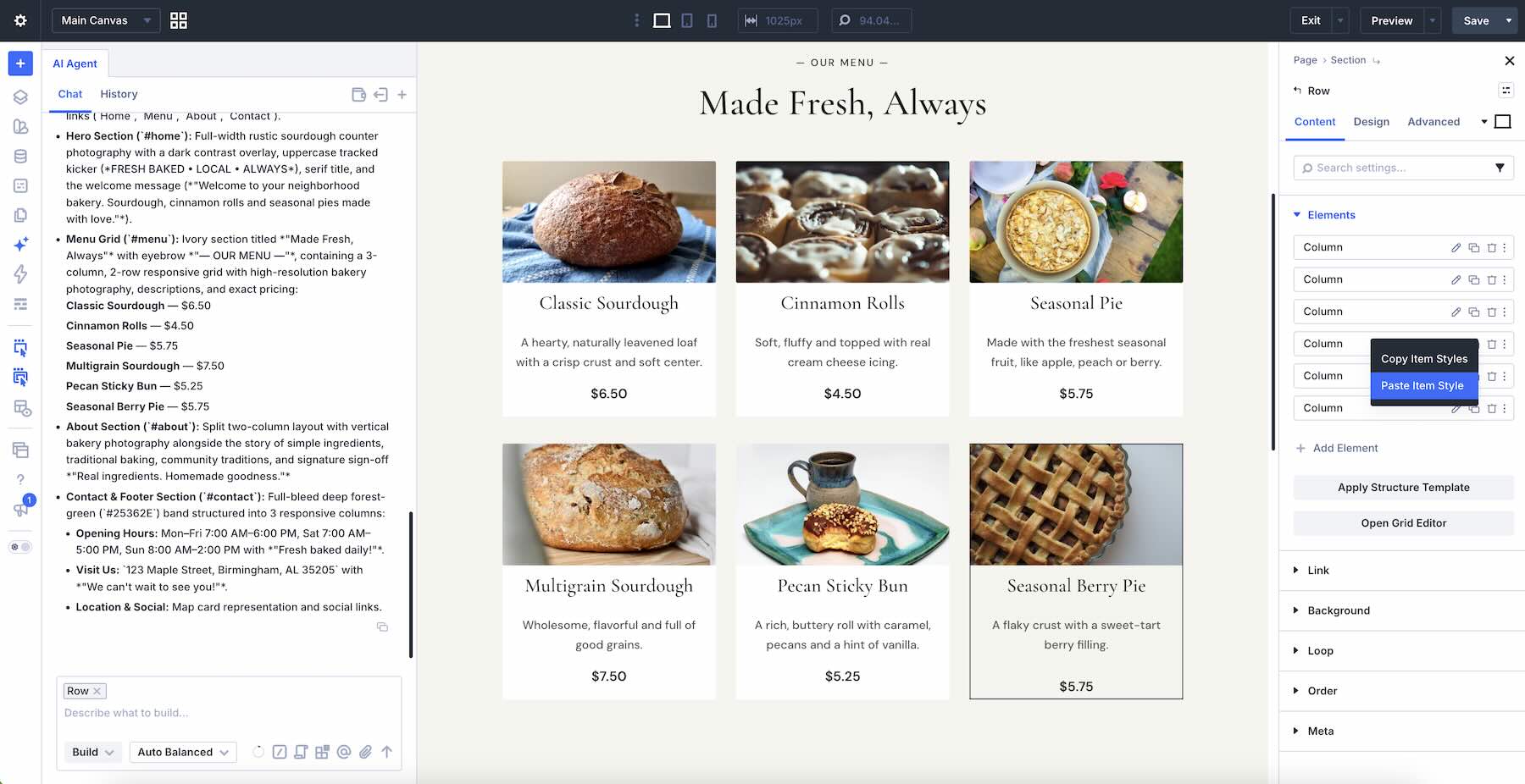 Making manual adjustments to the bakery page in the Divi 5 Visual Builder